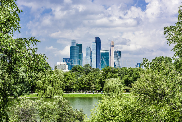 Quarter of Moscow City framed by green leaves