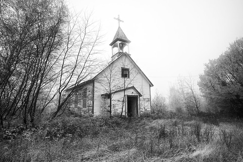 abandoned architecture autumn blackandwhite catholic church cross decay derelict fall2017 fog forlorn fujixt1 highway532 niksilverefex northernontario ontario ruins rural searchmont sthubert steeple tinroof toad vandalism viveza weather woodframe xf1855mm