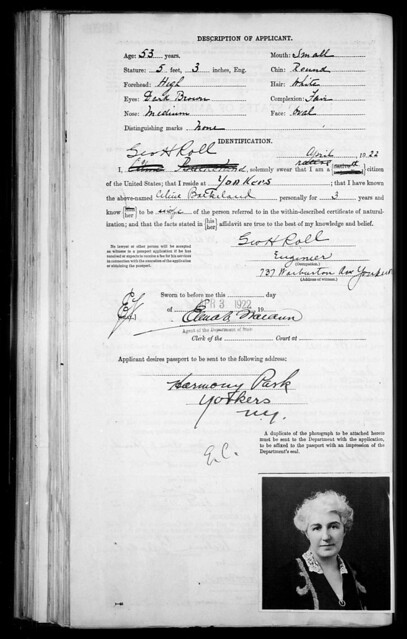 Celine Baekeland Swarts passport application 1922