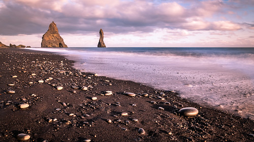 iceland sand landscape sunset travel nature reynisfjara seascape beach black sea rocks is onsale