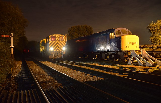 Shunting loco 03170 performing a late evening manouvre with Thumper unit 205 205, past Peak class loco 45132.  Photo Charter. Epping Ongar Railway & EMPRS. 20 10 2017