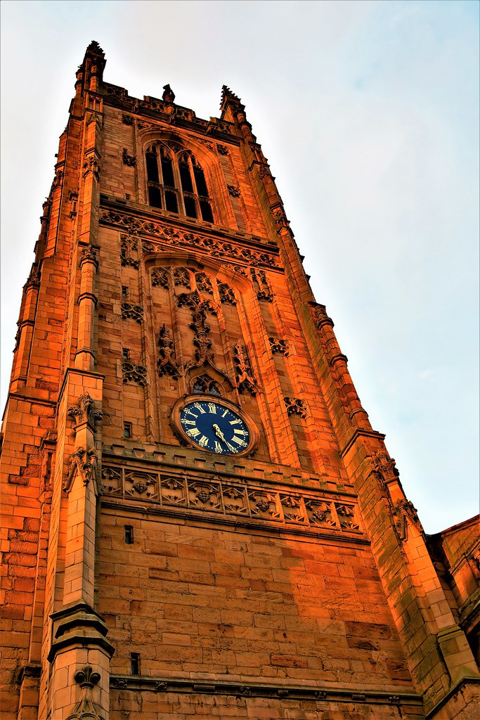 Autumnal light at dusk, cast over Derby Cathedral Tower, before the clock went back.
