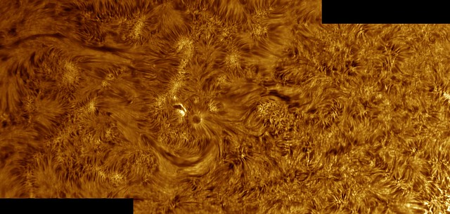 Two frame panorama of AR12686 on October 28 2017 colorized