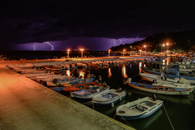 Stormy night at the port, Makri-Greece.