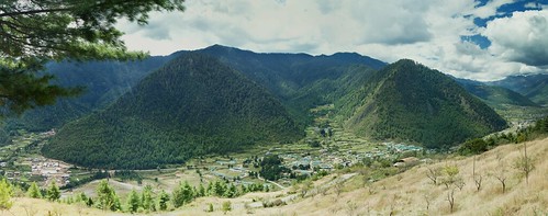 haa valley bhutan himalaya hills forest town sky panorama road landscape tree mountainside mountain grass wood asia