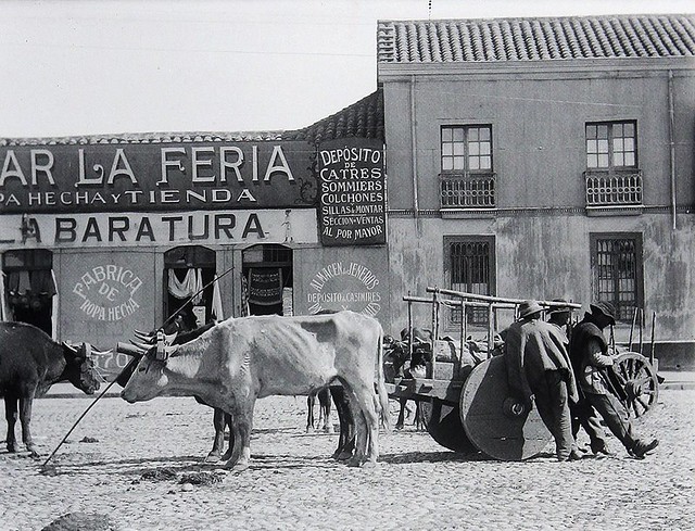 carreta chancha en Chillan afuera del Bazar La Feria fundado en 1870, presumo  de Carlos Dorlhiac un fotografo chileno olvidado