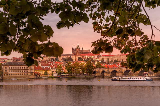 Prague Castle with Vltava River in foreground