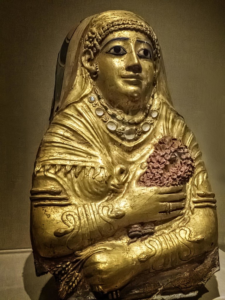 Roman Period Gilded Gesso Mummy Cartonnage of a Woman Hawara (possibly) Egypt 1st century CE
