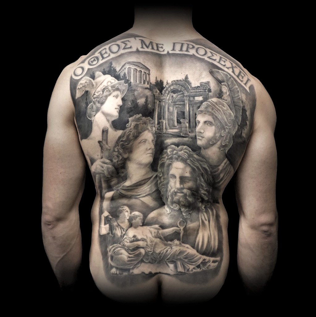 Alo Loco, full back black and grey tattoo, Greek Gods myth… | Flickr