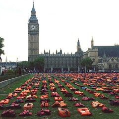 Refugees' life jackets in Parliament Square