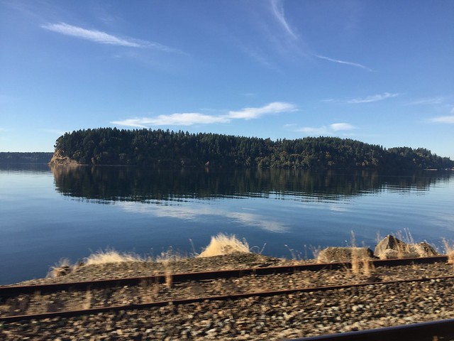 Puget Sound from Amtrak Cascades train 507 on the soon to be diverted from Point Defiance alignment.  North Fort Lewis Washington.  October 15 2017.