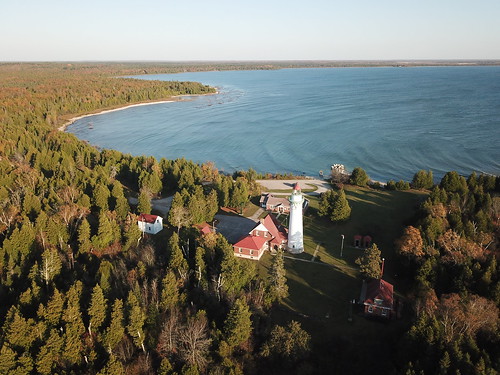 aerial drone lighthouse michigan up