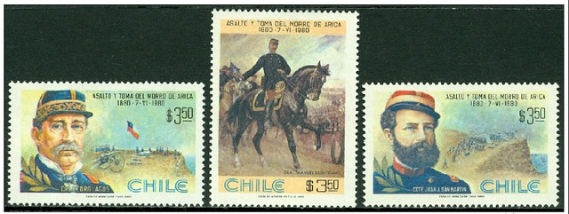 Para el Centenario de la Toma del Morro de Arica apreció una serie de estampillas de correo con los generales Pedro Lagos  Manuel Baquedano y el  comandante Juan Jose San Martin Penrose