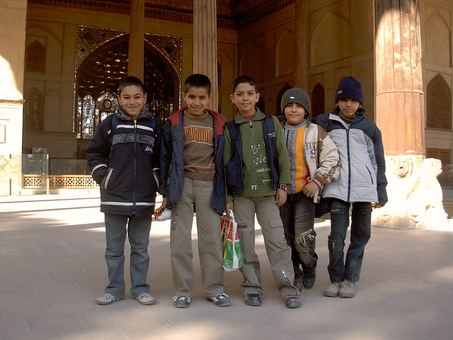 Five Iranian school kids visit Chehel Sotun palace - Isfahan, Iran