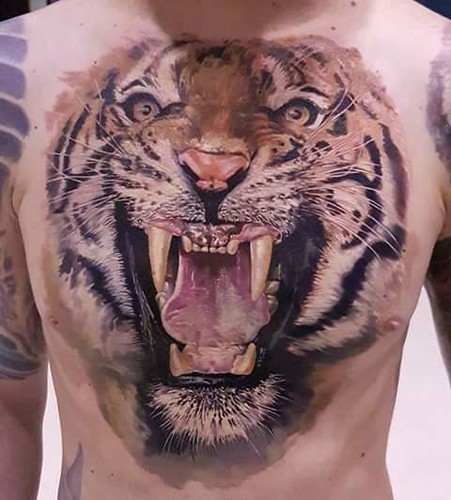 Awesome 3d tiger tattoo #tigertattoo #3dtattoos #chesttatt…