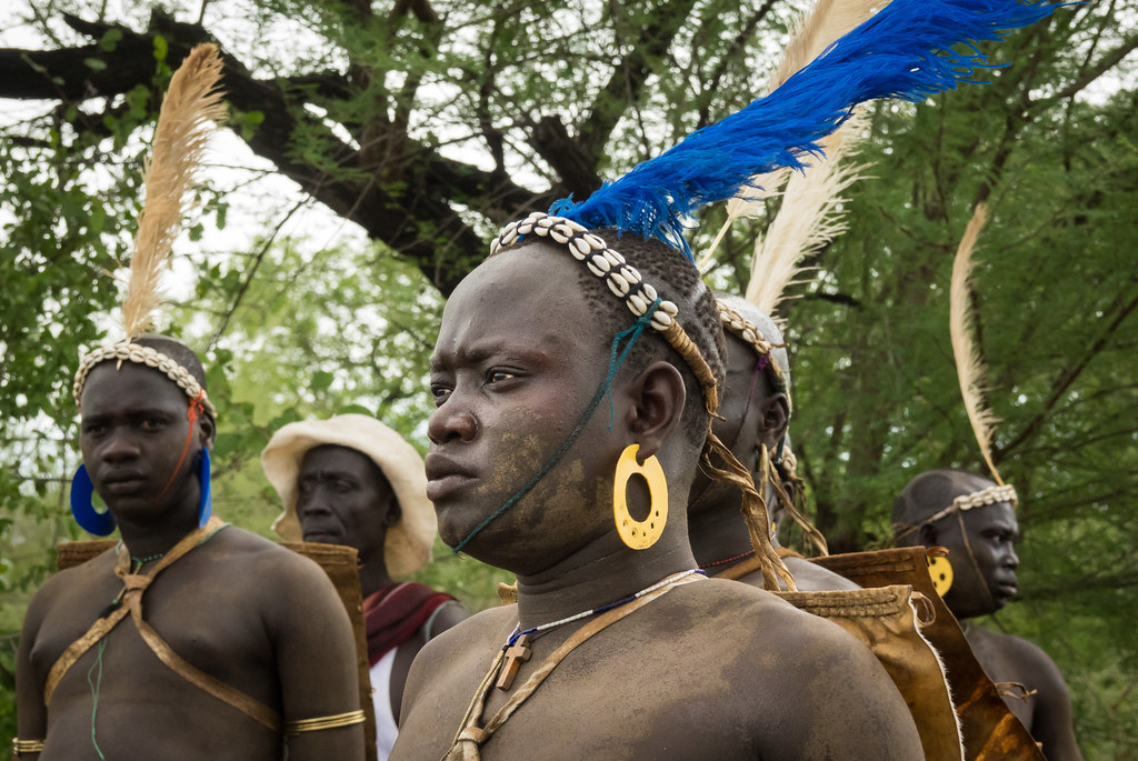 Bodi tribe men celebrating Kael ceremony, Gurra, Hana Mursi, Omo Valley ...