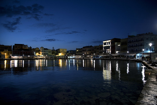 chania crete greece harbour lights reflections water dawn sky sea mediterannean