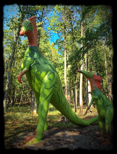 bright green dinosaurs matureoffspring dinosaurgardens alpena michigan colorful greensred
