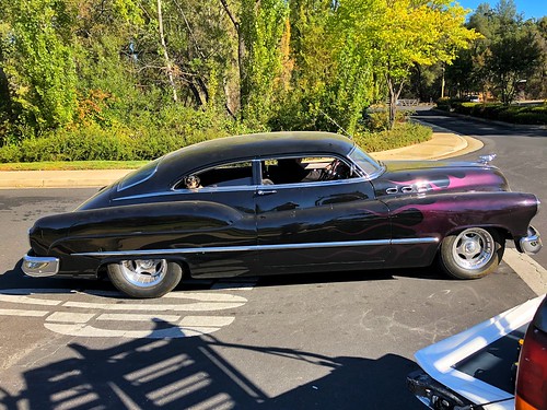 dynaflow torpedo supersedan 1950 vroom beauty flames custom goldcountry rural scenic landscape dailydriver hotrod black auto classic car vintage passenger dog driveby meanstreetsofangelscamp buick hotwheels street view trees special jetback driving