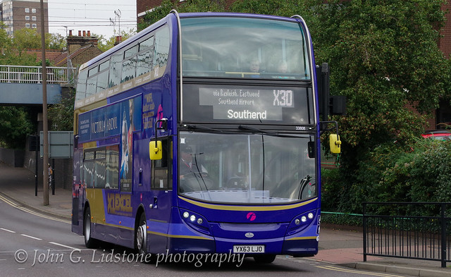 Double-decker trial on First Essex X30 with hi-spec Alexander Dennis Enviro400 33808, YX63 LJO on its first day on the service