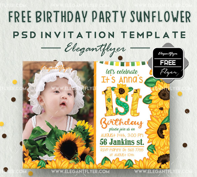 Birthday Party Sunflower – Free Invitation PSD Template
