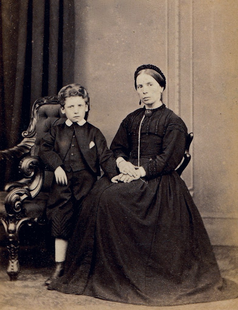 English Albumen Carte de Visite of Woman in Mourning with Son, circa 1864