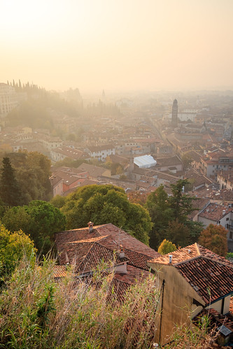 Foggy Sunrise in Verona by ~Arles, A foggy morning sunrise as seen from Castel San Pietro in Verona, Italy.sunshine sunlight fog houses