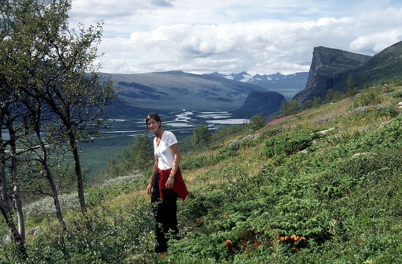 t0306050F | Beim Aufstieg zum Skierffe fällt der Blick zum ersten Mal auf das Rapadelta. Im Hintergrund die Berge des Pårte-Massivs. Sarek / Sápmi (Lappland), 04.08.2003
