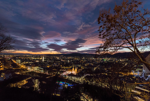 austria graz styria twilight sunset city tree castlehill sky clouds winter lights panorama schlossberg dusk