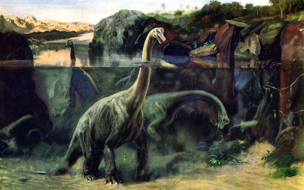 Early depiction of Brachiosaurus having a semi-aquatic lifestyle