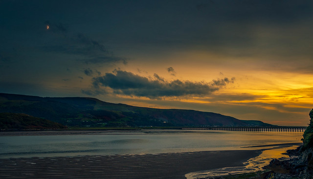 The Moon watching the Sun set at Barmouth Estuary, Gywnedd