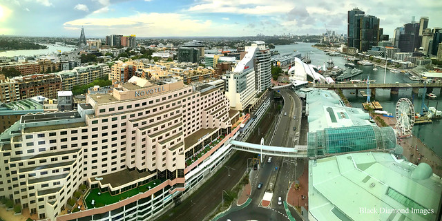 View over Anzac Bridge, Novotel & Ibis Hotels & Barangaroo from the Sofitel Hotel, Darling Harbour, Sydney, NSW