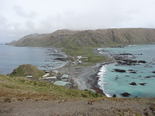 A view of the isthmus and the research station on Macquarie Island.