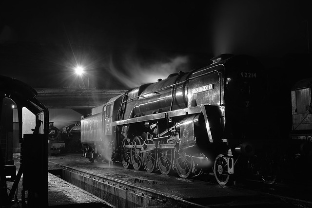 Mighty 9F Locomotive 92214, at end of day disposal at Loughborough, Great Central Railway. The Last Hurrah 18 11 2017 bw