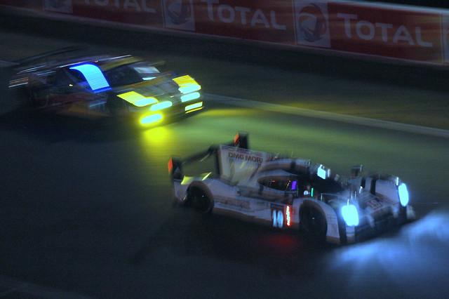 The winning Porsche 919 Hybrid of Nico Hulkenberg, Nick Tandy & Earl Bamber on the pit straight during qualifying at the 2015 Le Mans