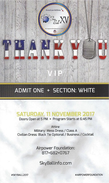 November 11, 2017, SkyBall 15, Veterans  Day Honoring All Who Serve, DFW Airport, Texas, VIP Reception - Ticket