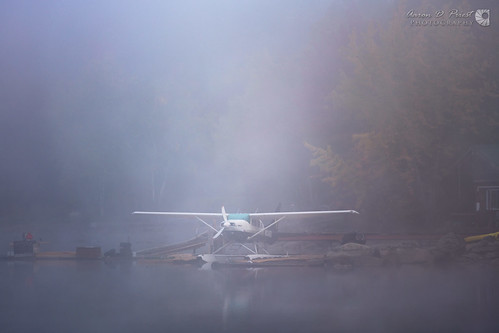 cessna goldenroad katahdinair maine millinocket spencercove stationairii airplane dock fall flight floatplane fog foliage mist morning plane