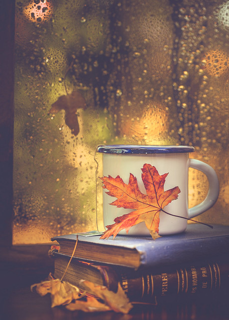 Books, tea and rain drops