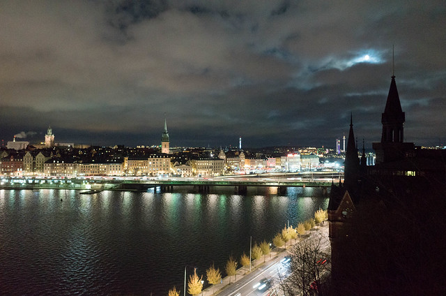Night view east towards Gröna Lund from Mariaberget Stockholm Sweden
