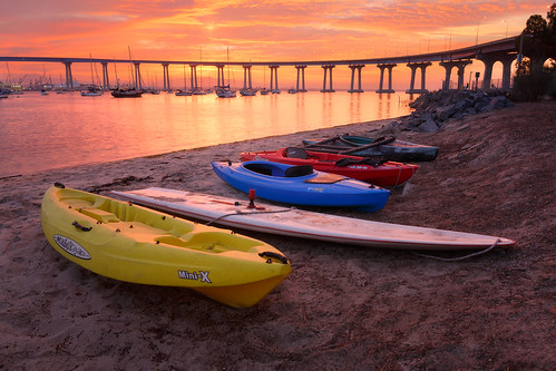 san diego coronado bridge sunrise boats canoe beach california boat water kayak
