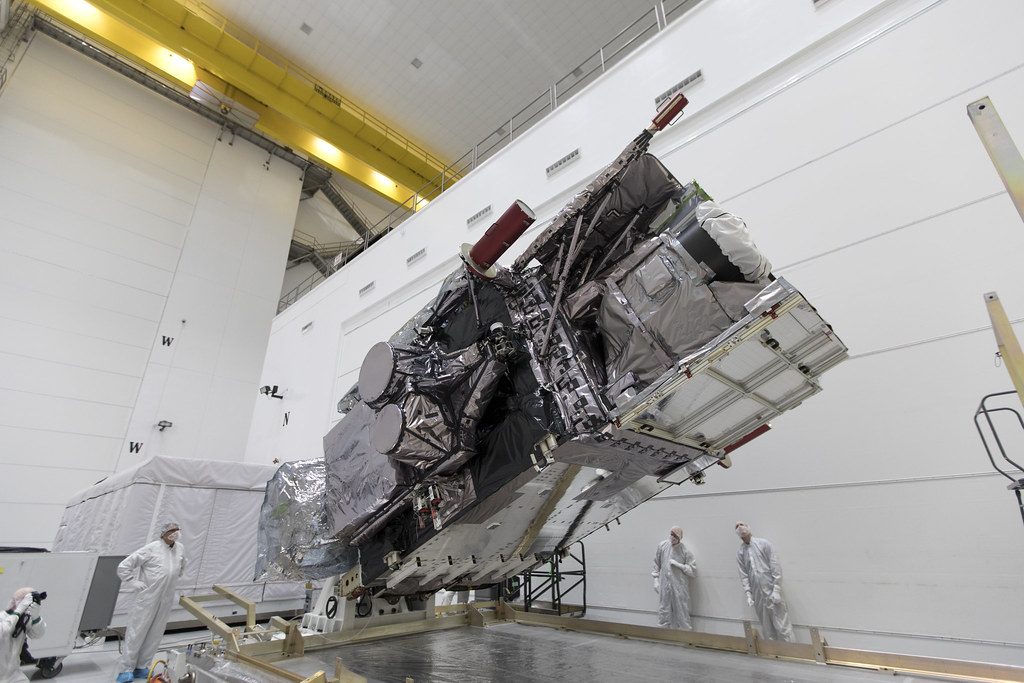 GOES-S is rotated to the vertical position after uncrating at Astrotech Space Operations so engineers can prepare the satellite for launch. Photo credit: NASA/Kim Shiflett