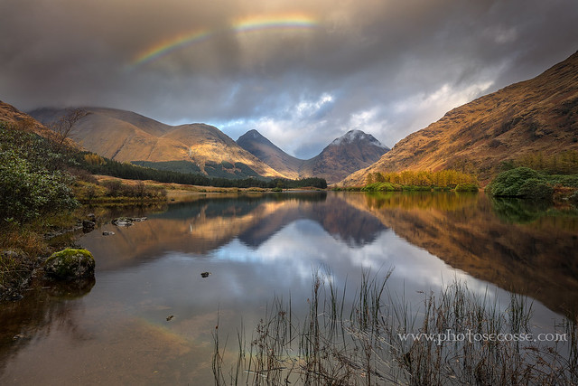 Glen Etive. Lochan nam Urr. Rainbow. Scottish Highlands.