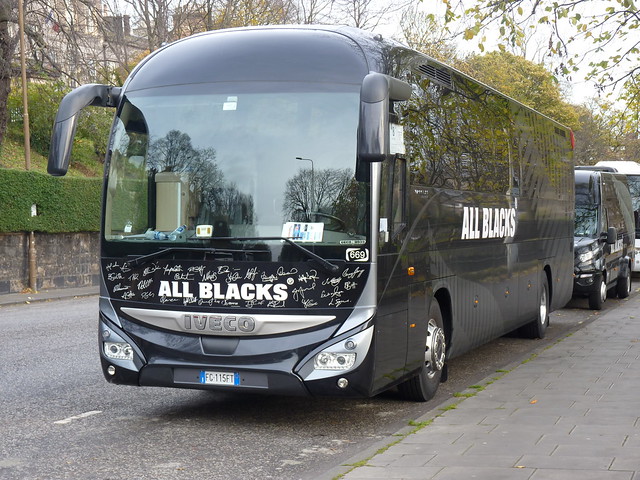 Iveco Magely FG115FT operated by Ciaone Tours of Italy as Iveco European Supporter for the Vista 2017 All Blacks Northern Tour at Regent Road, Edinburgh on 17 November 2017.