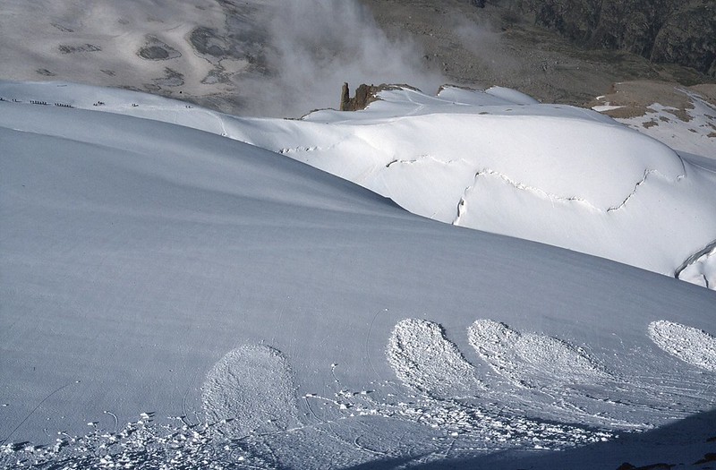 t0203088F | Blick vom Gran Paradiso abwärts. Unten im Bild sind Lawinen, die vom Gipfelhang abgegangen sind. Hinten links die Karawane von Bergsteigern, die auf dem Weg zum Gipfel den »Eselsrücken« passieren. Dahinter der jähe Abbruch zum 1200 m tiefer gelegenen Hochtal von Moncorvé. Gran Paradiso, 29.07.2002