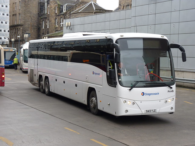 Ferrymill Motors of Torrance Volvo B13RT Plaxton Panther 2 SA13YJZ FM45 on loan to Stagecoach Western operating Citylink service 900 to Glasgow departing Edinburgh Bus Station on 17 November 2017.