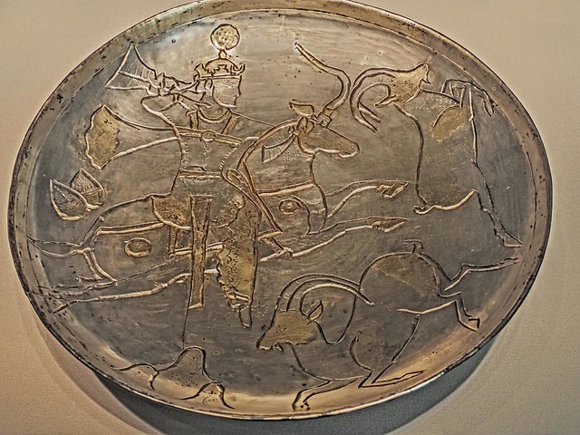 Sasanian Silver and Gilt Plate portraying a royal ibex hunt Persia 7th century CE