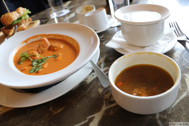 Butter chicken with rice and soup