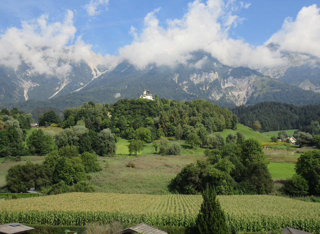 Cornfield, Kalvarienbergkapelle and the Alps, Arzl, Innsbruck, Austria