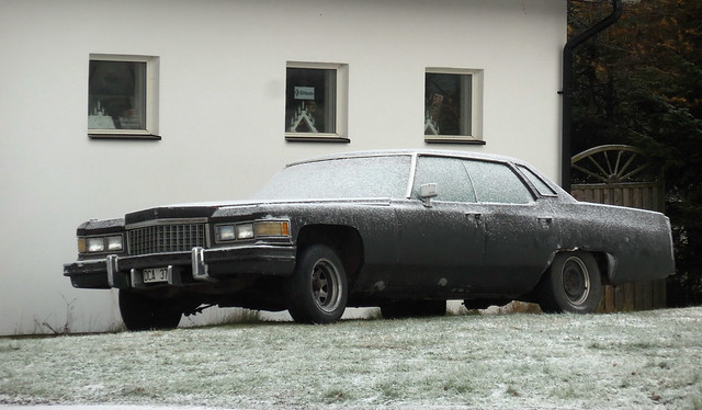 Rusty yank tank sits on grass on a frosty day - 1975 Cadillac DeVille
