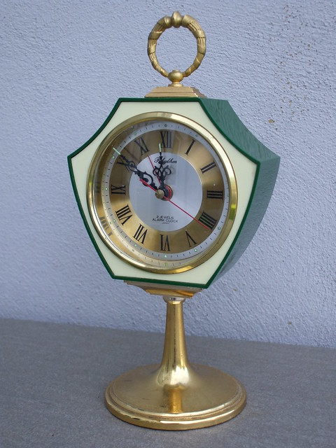 1970's Green & Gold Rhythm Pedestal Alarm Clock Mid Century Modern Kitsch Made in Japan